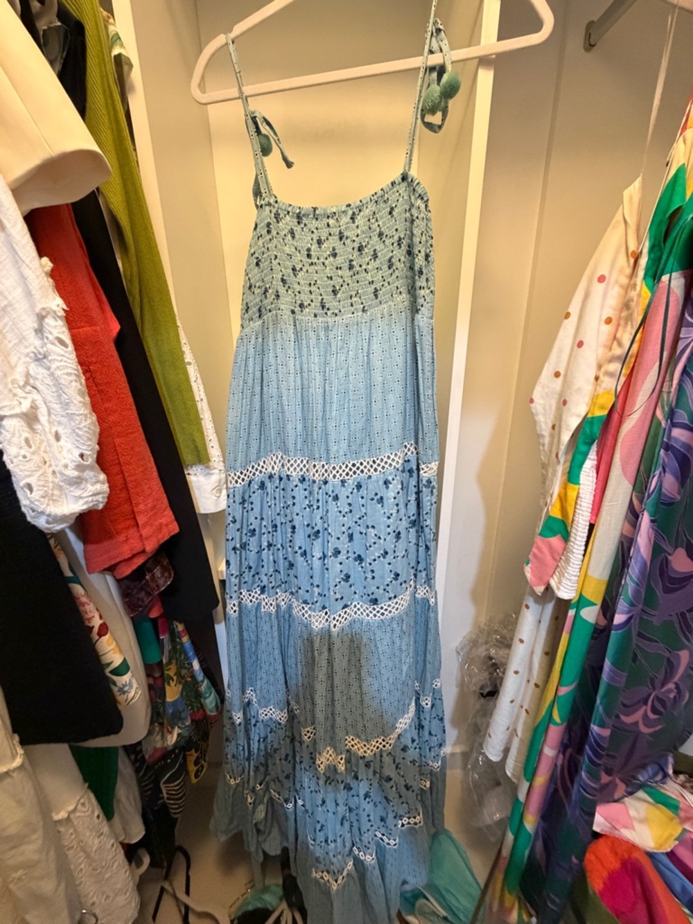 Smocked Light Blue Floral Tiered Maxi Dress with Tie Straps